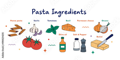 Essential pasta dish ingredients illustration with labels ingredients culinary illustration nutrition vegetable foodstuffs preparation kitchenware essential components delicious