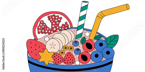 Healthy fruit smoothie bowl with fresh berries and banana slices with a straw smoothie breakfast strawberry blueberry raspberry pomegranate nutrition vegetarian illustration refreshing
