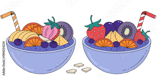 Two bowls of fresh fruit smoothie with sliced oranges kiwis strawberries and blueberries illustration smoothie breakfast strawberry blueberry nutrition vegetarian refreshing colorful culinary