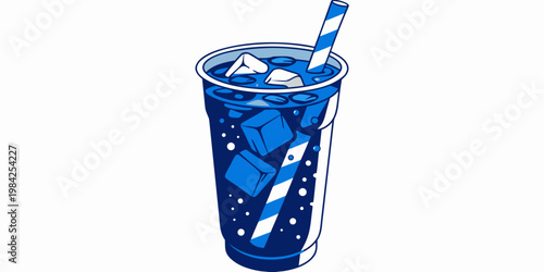 Graphic illustration of a blue refreshing cold soda drink in a plastic cup with striped straw and ice cubes beverage refreshment illustration carbonated fastfood refreshing sparkling takeaway
