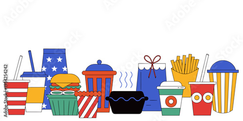 Fast food takeaway set including burger drink fries and packaged food items with takeaway restaurant container illustration culinary appetizer delicious refreshment beverage colorful