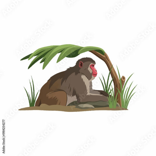 A vector style illustration of a Japanese macaque snow monkey with a distinctive pink face and thick brown fur resting under a curved green leaf shelter on a plain white background.