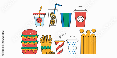 Fast food meal set with triple burger french fries various colorful cold drink cups vector illustration takeaway illustration restaurant lemonade refreshing container isolated delicious