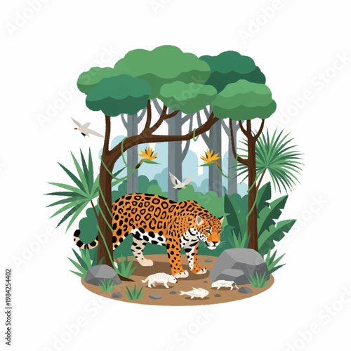 Flat vector illustration of a spotted jaguar walking in a lush tropical rainforest environment with tall green trees, vines, exotic flowers, flying birds, and small white animals.