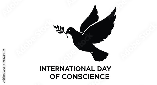 A black silhouette of a dove holding an olive branch with text below