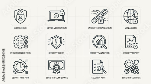 Comprehensive Set of Security and Data Protection Line Icons for Digital Systems.