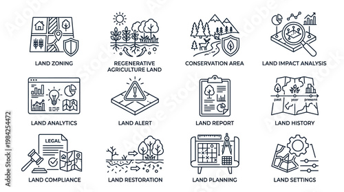 Land Management Icons Set for Urban Planning and Agriculture.
