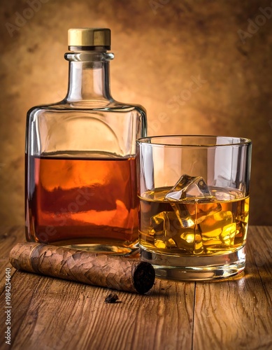 Decanter of amber liquid, rocks glass with ice, cigar on wood surface. Warm tones, simple elegant setup