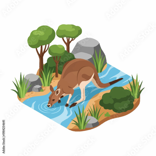 Isometric vector illustration of a brown kangaroo drinking water from a blue stream, surrounded by green trees, bushes, and grey rocks in an outback wilderness setting.