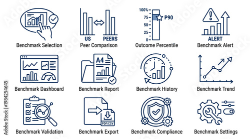 Set of Icons Representing Business Benchmarking and Performance Analysis.