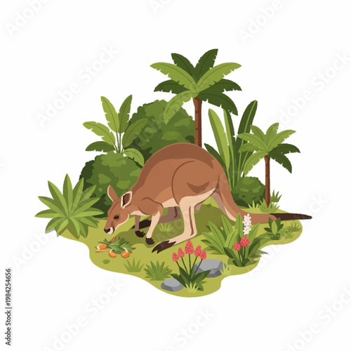 Illustration of an Australian kangaroo foraging for food in a lush tropical habitat with palm trees, shrubs, exotic red flowers, and green foliage, isolated on white background.