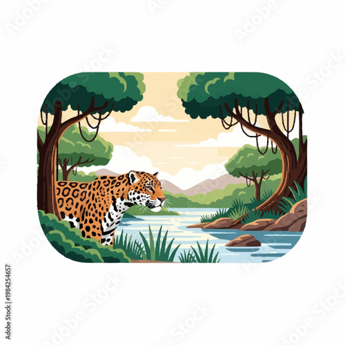Vector illustration of a spotted jaguar standing by a river in a tropical rainforest jungle with trees, mountains, and clouds in the background, set in a rounded frame.