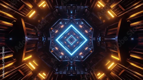 Symmetrical neon-lit sci-fi tunnel with diamond-shaped central light, futuristic metallic architecture, blue and orange glow, reflective surfaces