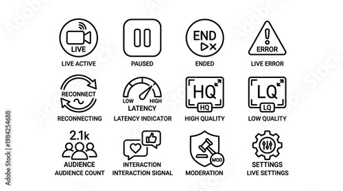 Set of live streaming interface icons and UI elements for broadcast.