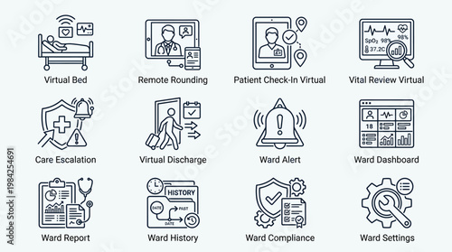 Set of medical and healthcare related line icons for virtual care and hospital management.