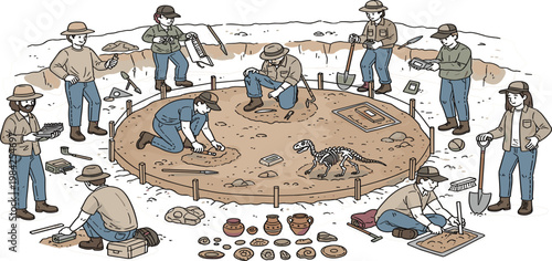 Archaeological dig site vector illustration featuring scientists, paleontologists, dinosaur skeleton, ancient pottery, and excavation tools in a flat minimalist style.