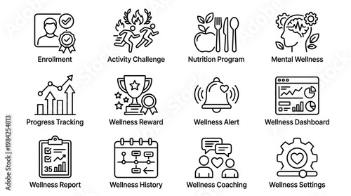 Wellness program and health tracking line icons set.