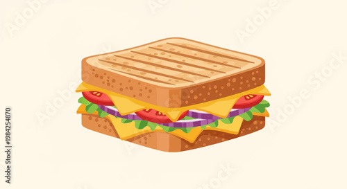 Vector illustration of a toasted grilled sandwich featuring melted yellow cheese slices, fresh red tomato, sliced red onion, and green lettuce leaves on toasted bread with grill marks.