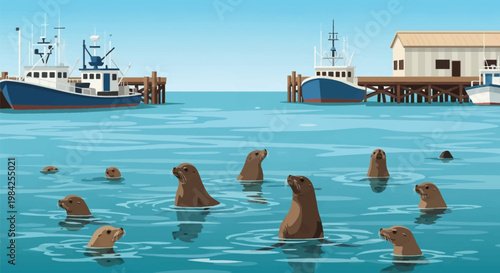 Flat vector illustration of a group of California sea lions swimming in harbor water with commercial fishing boats, wooden piers, and coastal buildings under a clear blue sky.