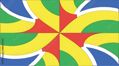 Abstract Geometric Motif: A vibrant and modern design composed of intersecting curved lines and quadrants in a spectrum of bold colors, forming a symmetrical and visually engaging pattern.