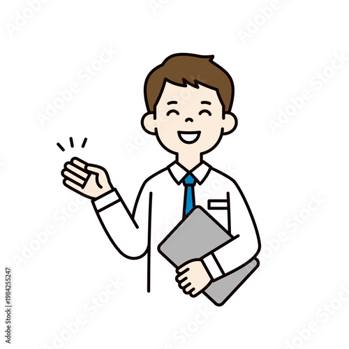 ノートパソコンを持って笑顔で紹介・案内する、ワイシャツ姿の男性の上半身ベクターイラスト素材