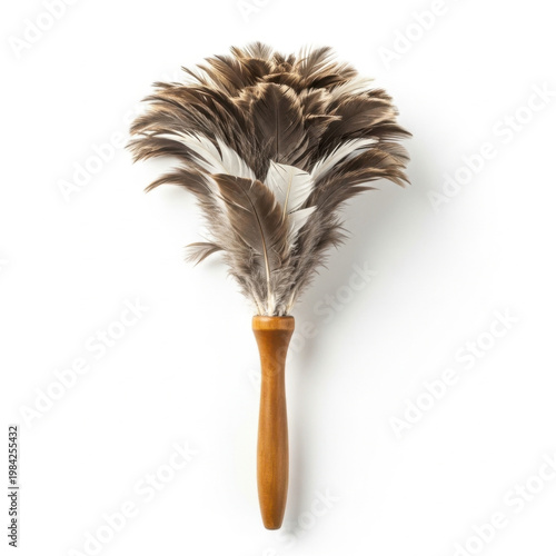 Traditional ostrich feather duster with wooden handle isolated on white background for domestic cleaning