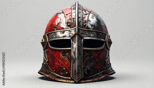 Ornate red/silver helmet. Battleworn, rivets, tarnish. Metal and decorative