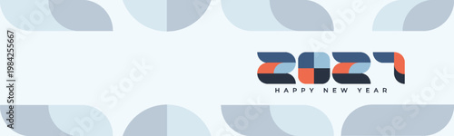 2027 Happy New Year Abstract banner design in retro style made of various geometric shapes in perfect colors. Landing Page. Brochure. Card. Template.