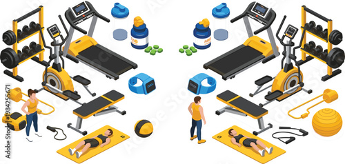Isometric gym fitness vector set featuring treadmill, elliptical, weight rack, workout characters, protein supplements, smartwatch, and exercise equipment in yellow and black.