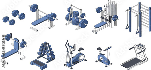 Isometric gym equipment vector set featuring treadmill, stationary bike, elliptical, dumbbells, barbell bench press, weight rack, and power tower on white background.