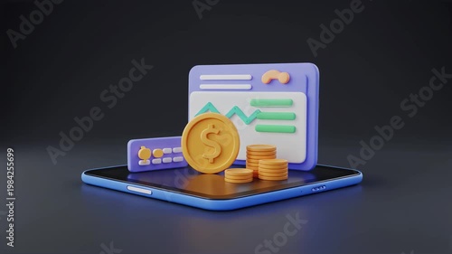 3d illustration of a mobile device displaying financial icons: a dollar coin, stacked coins, and a chart on floating UI panels, on dark background