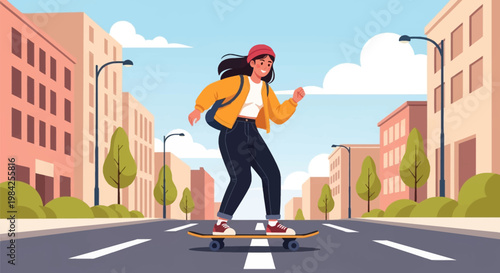 Vector illustration of a young woman with a red beanie and yellow jacket riding a skateboard on an asphalt road in a modern city environment with buildings and green trees.