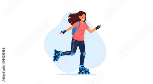 Full body vector illustration of a cheerful young woman rollerblading with long brown hair, wearing a pink t-shirt, blue backpack, dark leggings, knee pads and blue inline skates.