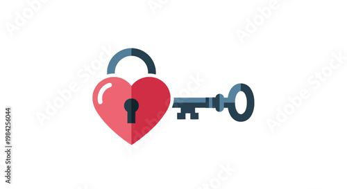 Flat vector illustration featuring a red heart-shaped padlock with a dark blue shackle and keyhole positioned next to a matching dark blue skeleton key on a plain white background.