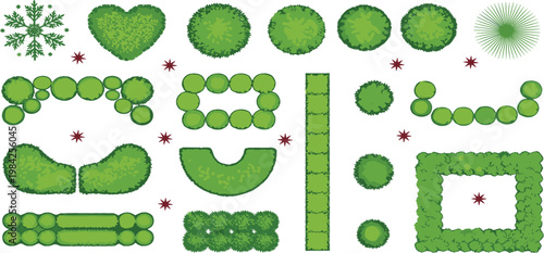 Landscape design vector set featuring top-down view of garden hedges, topiary shrubs, green bushes, and decorative plants on white background for architectural site planning.