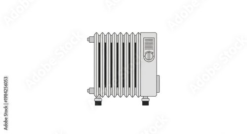 Flat vector illustration of a portable electric oil-filled radiator heater with adjustable thermostat control dial, space heating appliance for home or office, isolated on white.