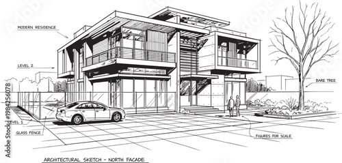 Modern house architectural sketch with labeled facade elements, contemporary residence design, luxury home exterior and detailed building concept illustration
