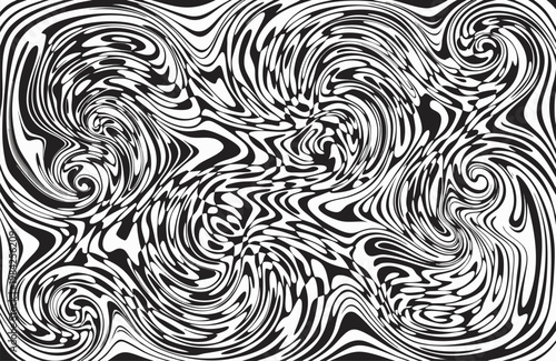 Monochromatic abstract swirling pattern creates a dizzying optical illusion with black and white textures.