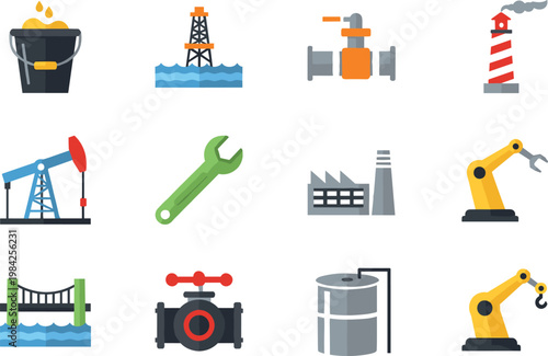 Industrial and Engineering Icon Set Featuring Oil Rig, Factory, Pump, and Mechanical Equipment for Manufacturing and Infrastructure Designs