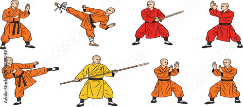 Shaolin monk martial arts vector set featuring kung fu fighting poses, karate kicks, and traditional weapon training with staff and sword in a flat minimalist style.