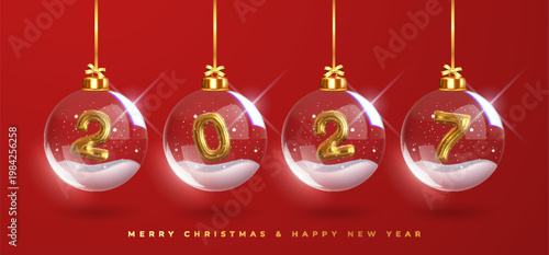 Happy New Year 2027, Golden numbers inside glass Christmas balls hanging on ribbon. Realistic 3D image of metal sign. Celebrating 2027 party. Christmas poster, web banner, site header.