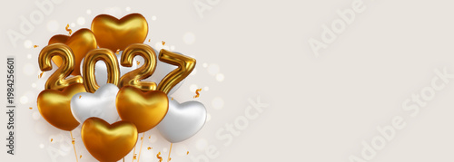 Happy New Year 2027 with realistic gold and white balloons. This backdrop includes the 2027 number symbol in a metallic look and hanging helium balloons, as well as sparkling gold confetti.