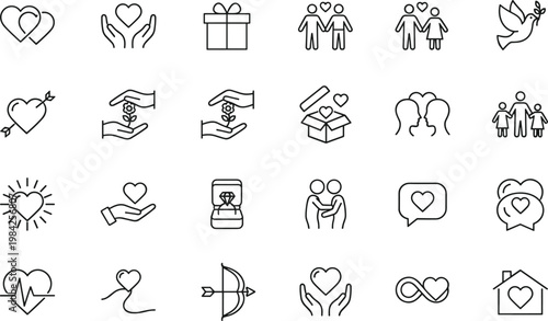 Minimalist vector icons depicting romance, family, health, and emotions ideal for apps, websites, and print materials in marketing and education.
