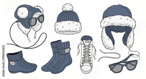 Vector set of winter fashion accessories featuring blue trapper hats with white fur lining, knit beanie, warm rubber boots, white high-top sneakers, and dark sunglasses on white.