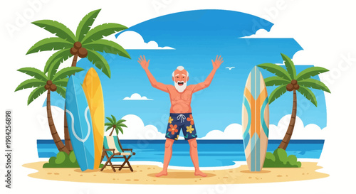 Vector illustration of a happy senior man with white beard and arms raised standing on a sandy tropical beach with surfboards, palm trees, beach chair, and blue ocean scenery.