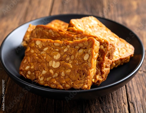 Stack of fried fermented soybean cakes in black bowl on rustic wood table