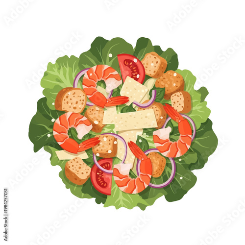 Vector illustration of a Caesar salad with grilled shrimp, green lettuce leaves, toasted croutons, parmesan cheese, tomato slices, and red onion rings isolated on white background.
