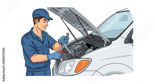 Mechanic working on car engine under hood with tools.