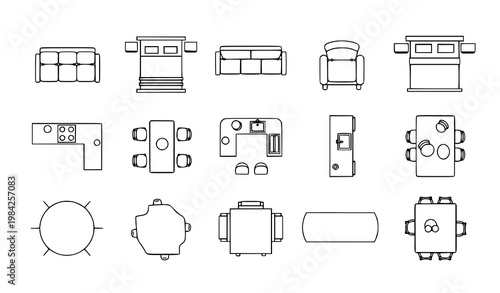 Minimal floor plan furniture icons top view interior layout line art black and white vector illustration isolated on white