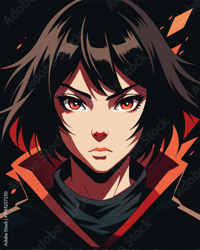 Anime style portrait of a determined young woman with striking red eyes and short dark hair.